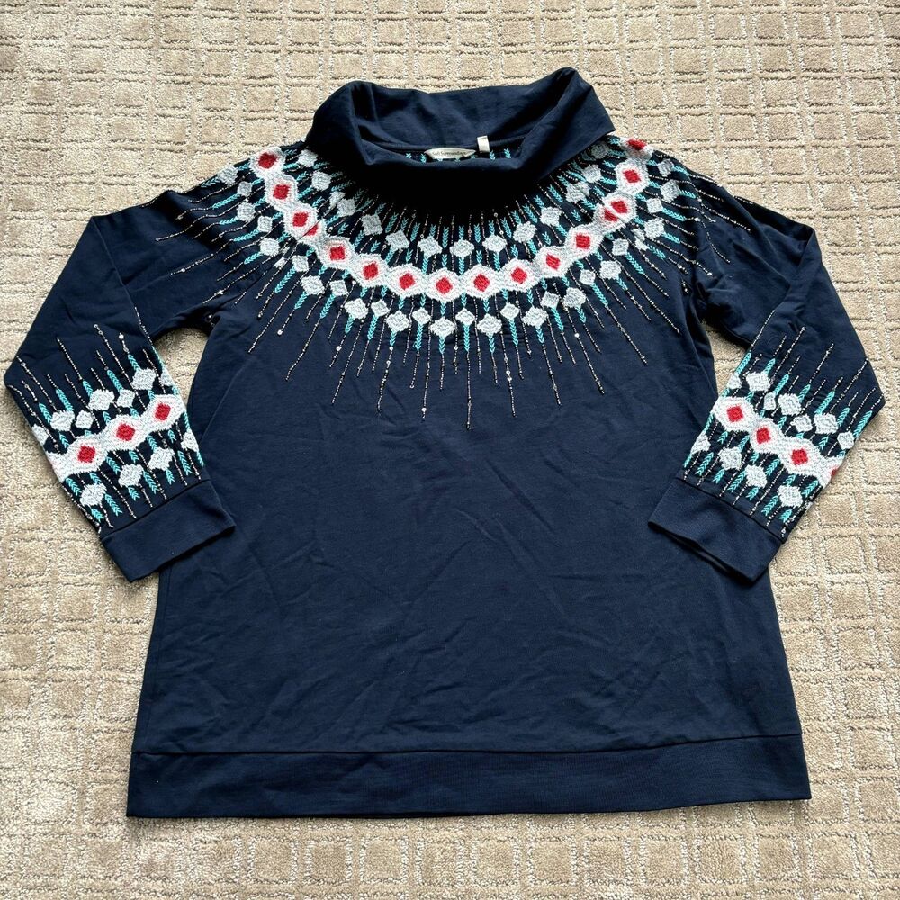 Soft Surroundings Fair Isle Sweater XL Navy Nordic Beaded Cowl Embroidered